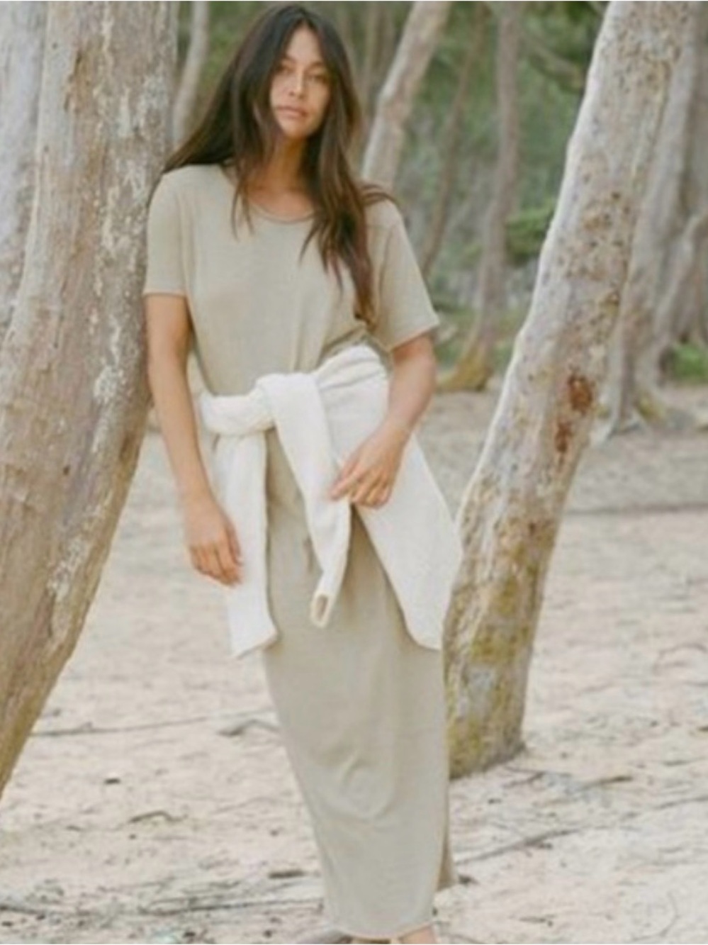 OZMA Hana T-Shirt Dress Silk Noil Short Sleeve Maxi Sage Beige Size Small EUC